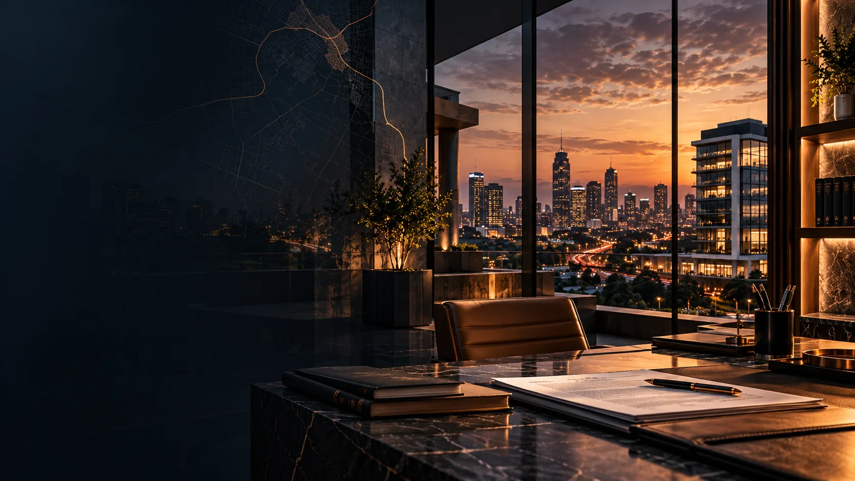 Illustrative premium legal office overlooking an urban skyline
